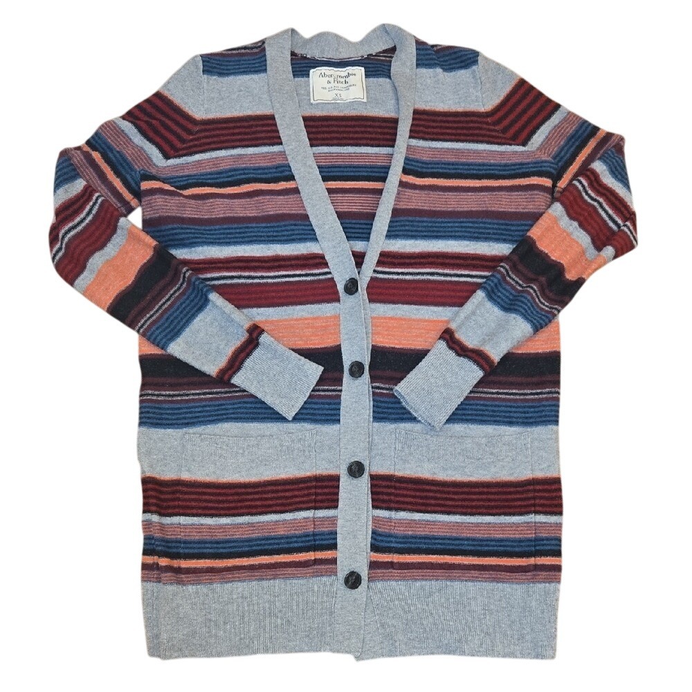 Abercrombie & Fitch Women's XS Striped Cardigan Sweater Button Up Pockets Grey